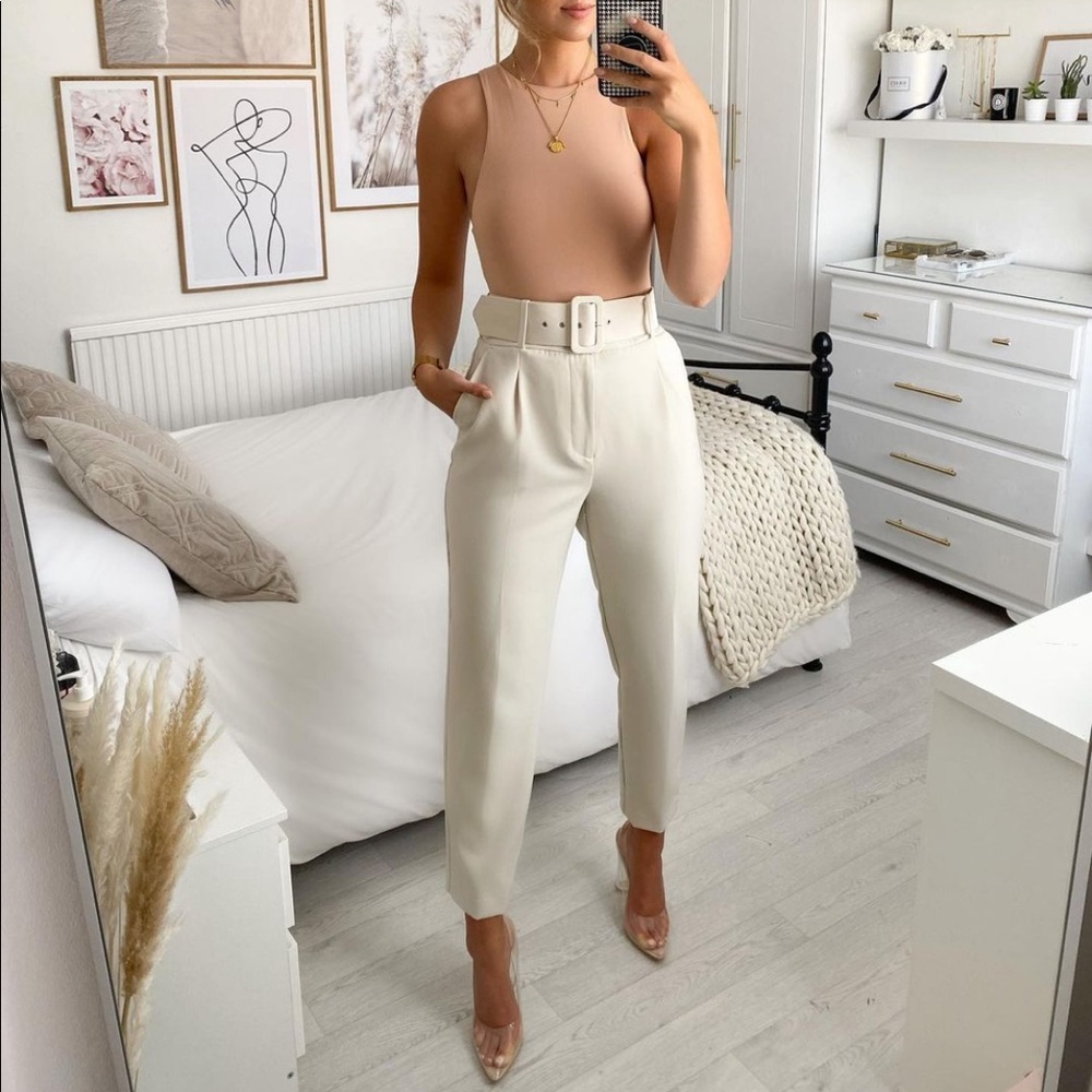 Zara High Waisted Belted Pants Ecru